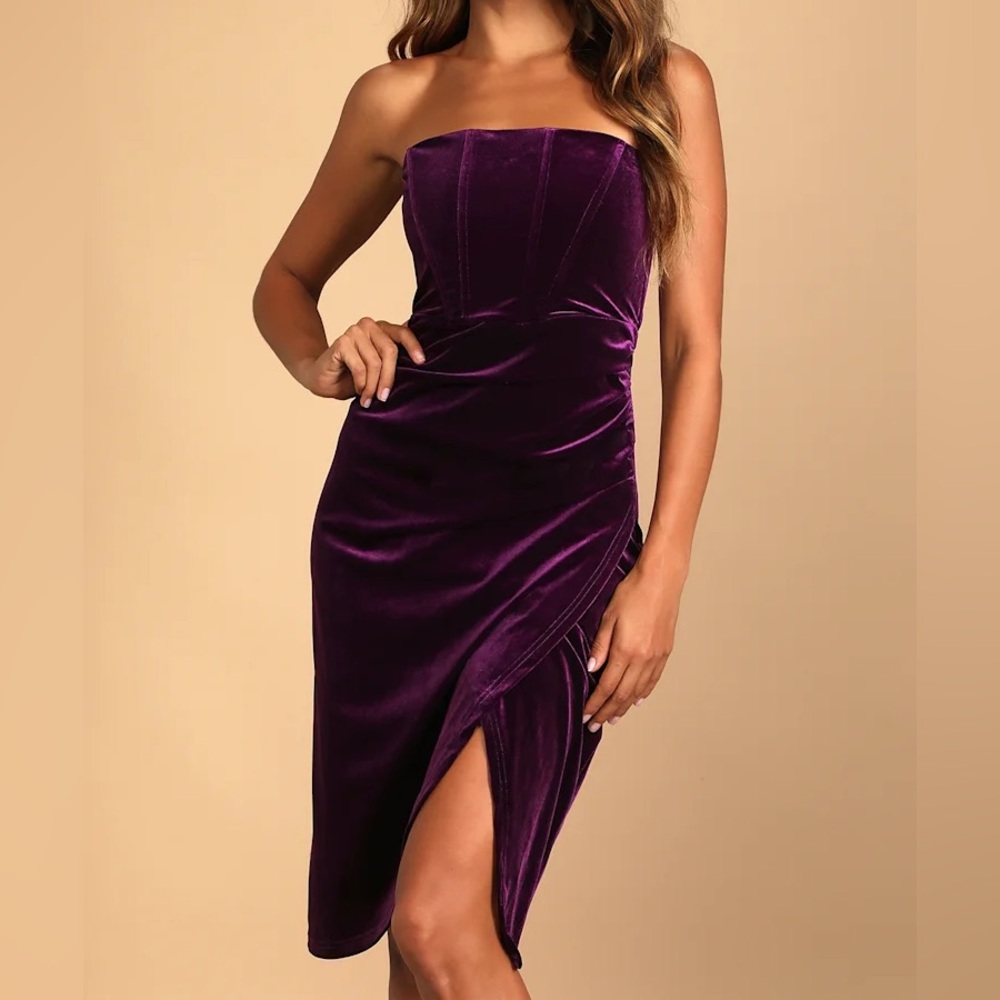LULUS Glamorous Celebrations Dark Purple Velvet Strapless Tulip Dress - Picture 2 of 9